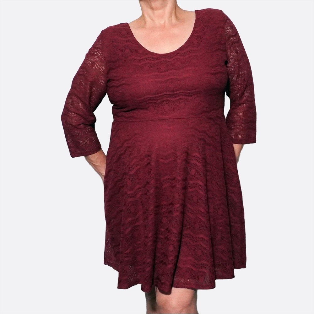Burgundy Lace Fit & Flare Dress L 12 Bow Back Open Back Crochet Skater Mini